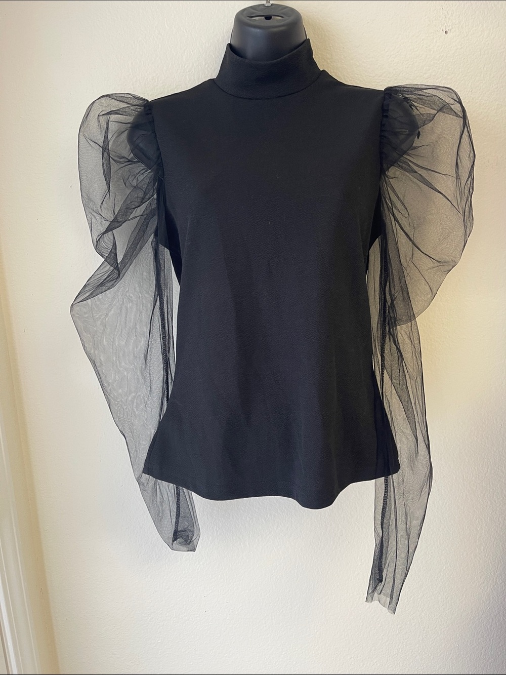 SHEIN Black Tulle Puff Sleeve Turtleneck Top